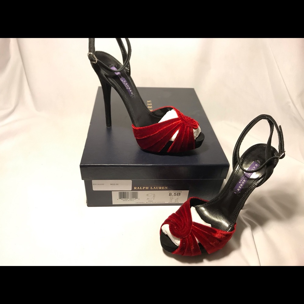 8.5B Ralph Lauren Purple Label red velvet heels.